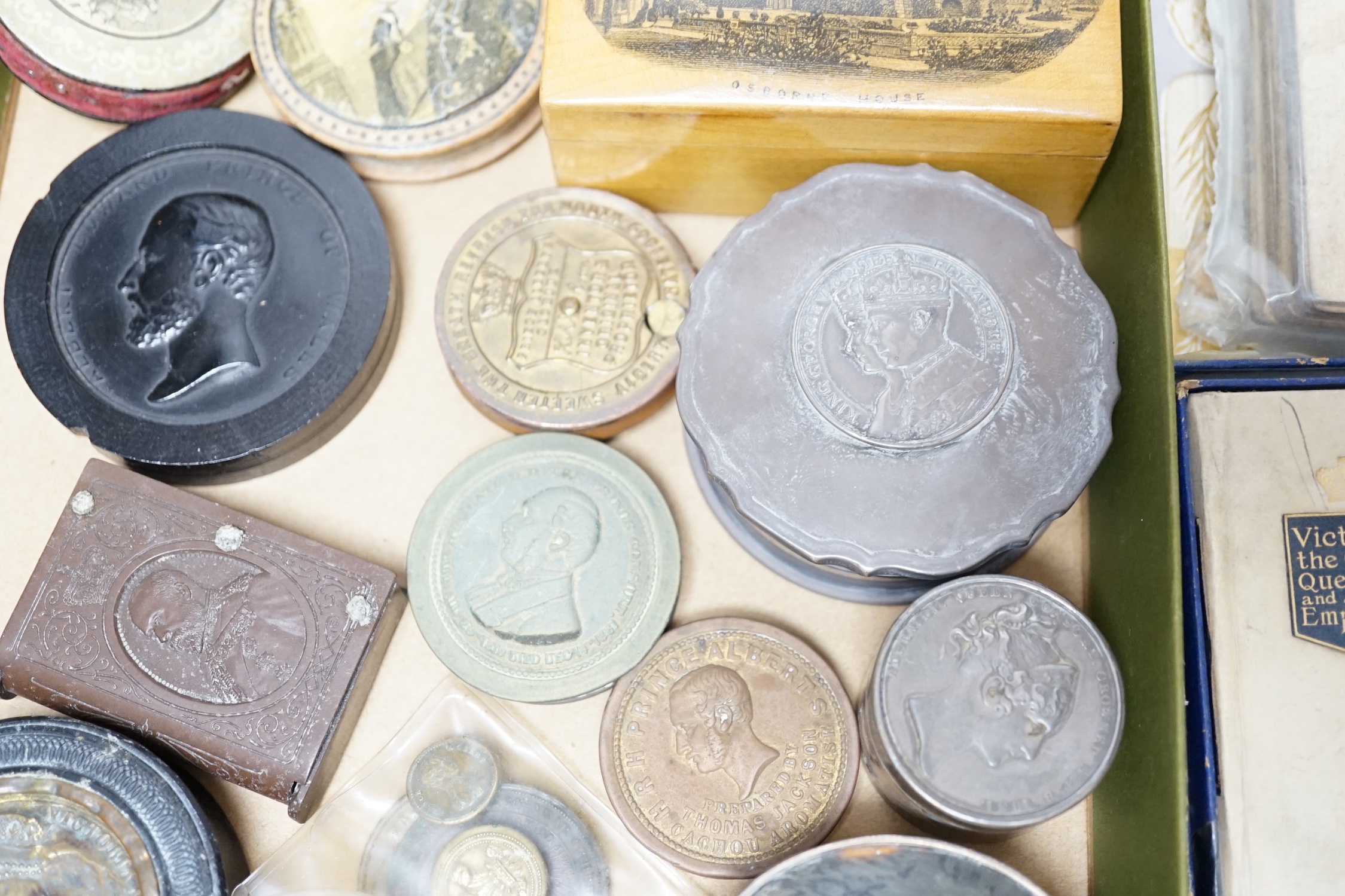 Objects including Edward VII commemorative prayer book, silver mounted box and miniature crown, boxed thimbles and two coin inset boxes, the largest 11cm wide